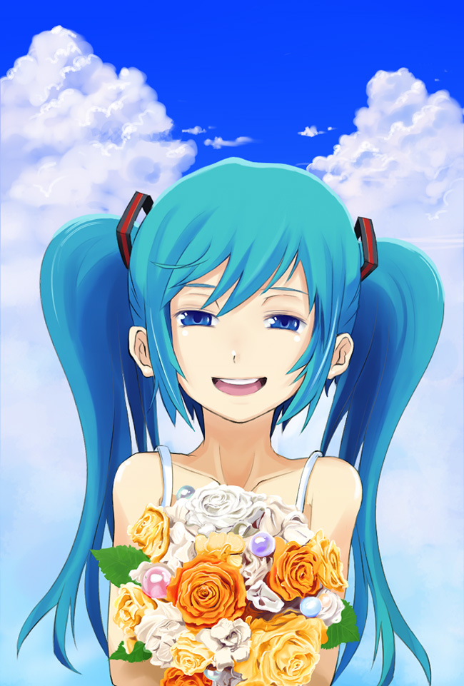 blue_eyes, blue_hair, cloud, clouds, flower, hatsune_miku, long_hair, mitsunari