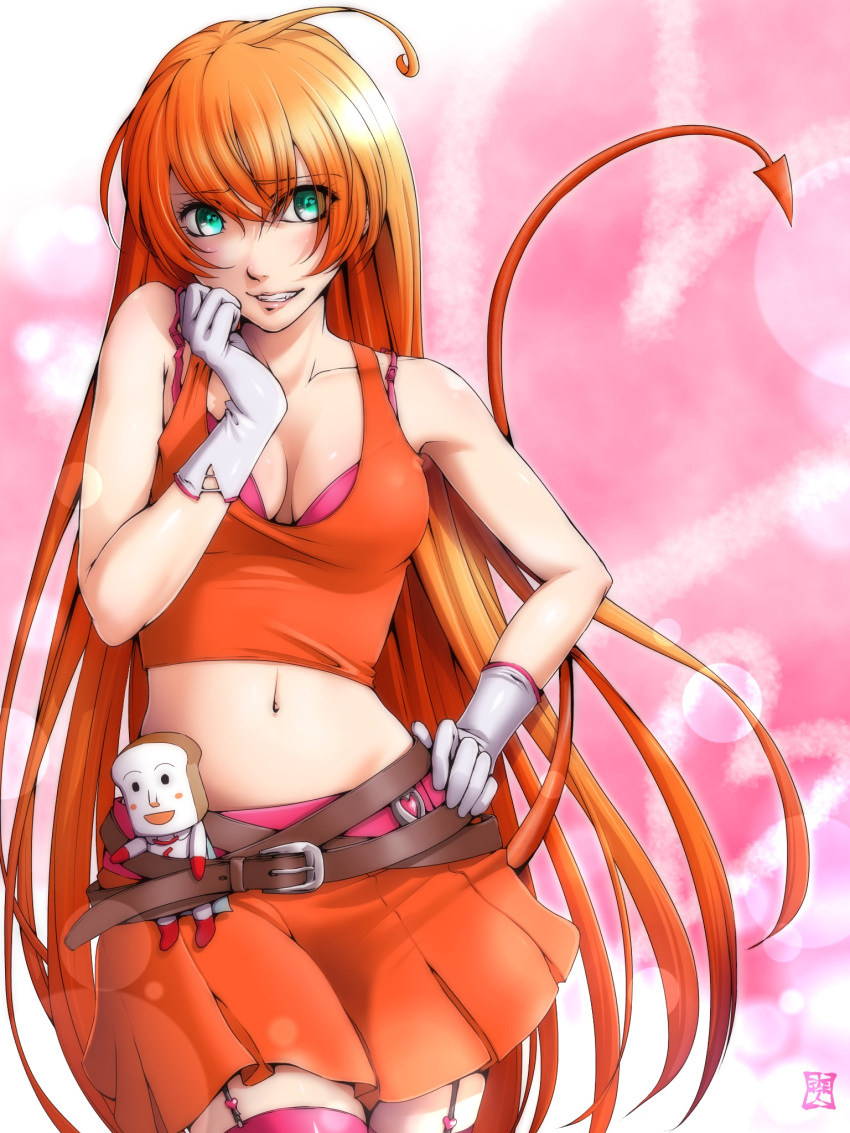 1girl, ahoge, anpanman, bare_shoulders, belt, bra, breasts, cleavage