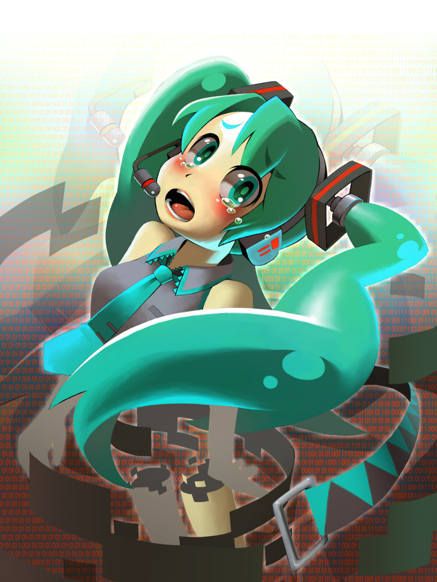 bad_id, binary, deletion, digital_dissolve, green_eyes, green_hair, hatsune_miku, headphones, headset, highres, long_hair, necktie, solo, tears, twintails, vocaloid, yohe