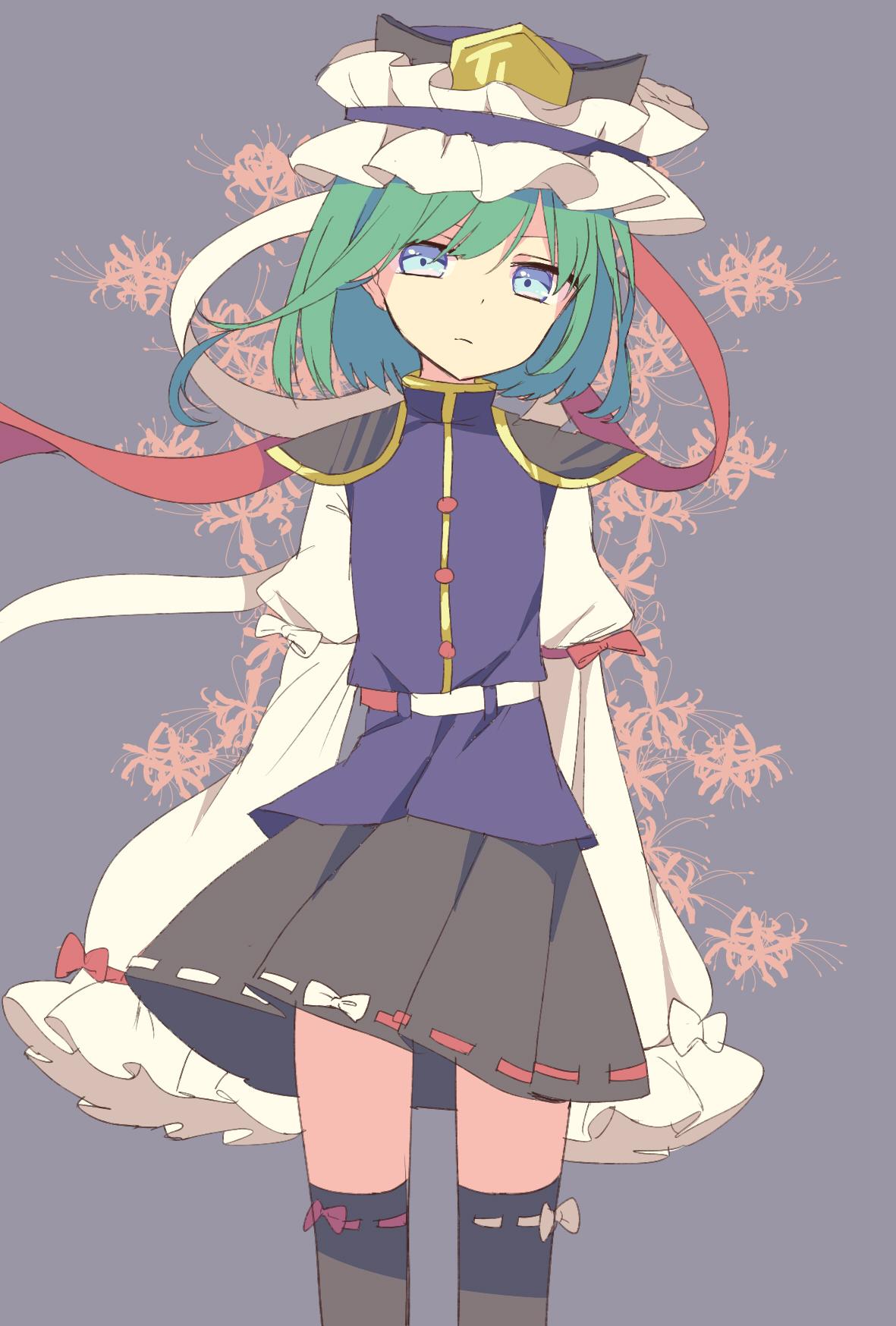 1girl, black_skirt, blue_eyes, busujima_(kusahana), flower, frown, green_hair, hat