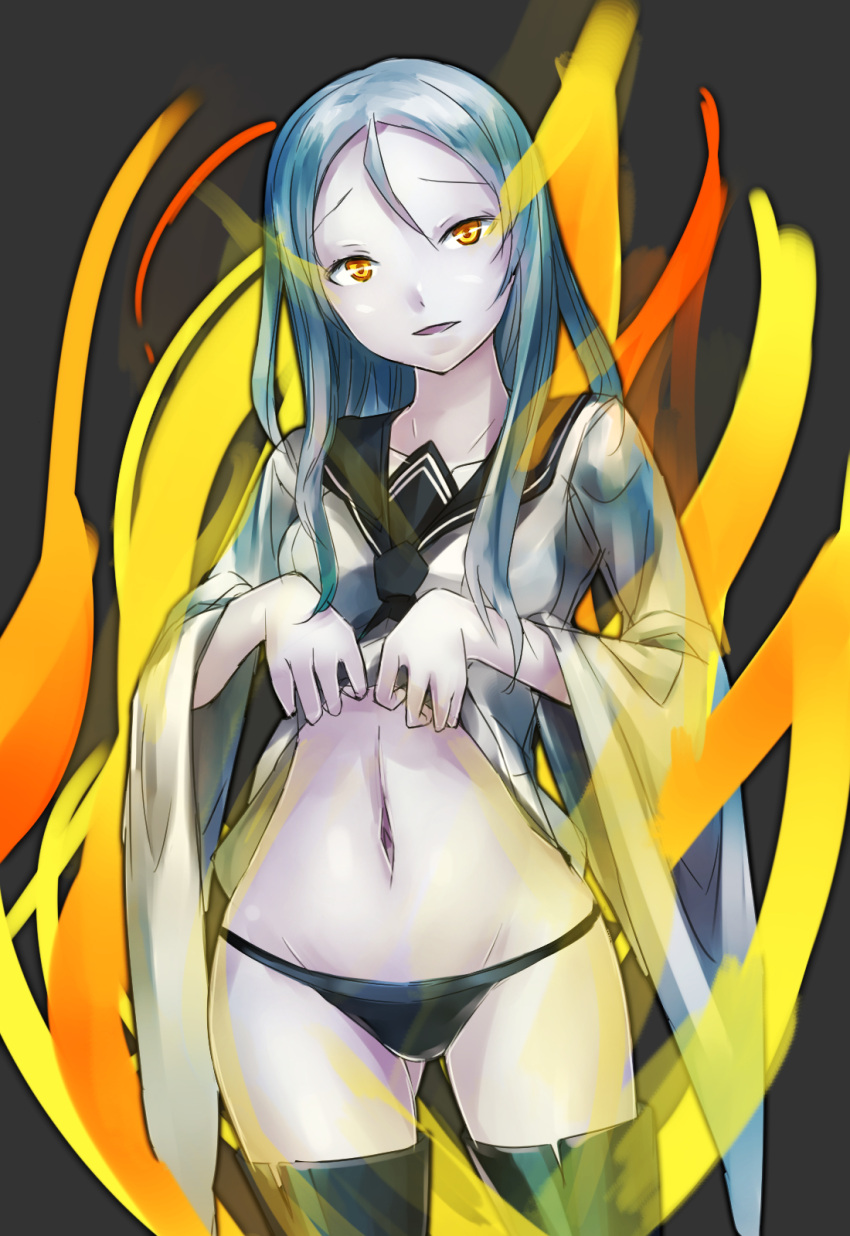 1girl, black_legwear, black_panties, blue_hair, glowing, glowing_eyes, highres, kantai_collection