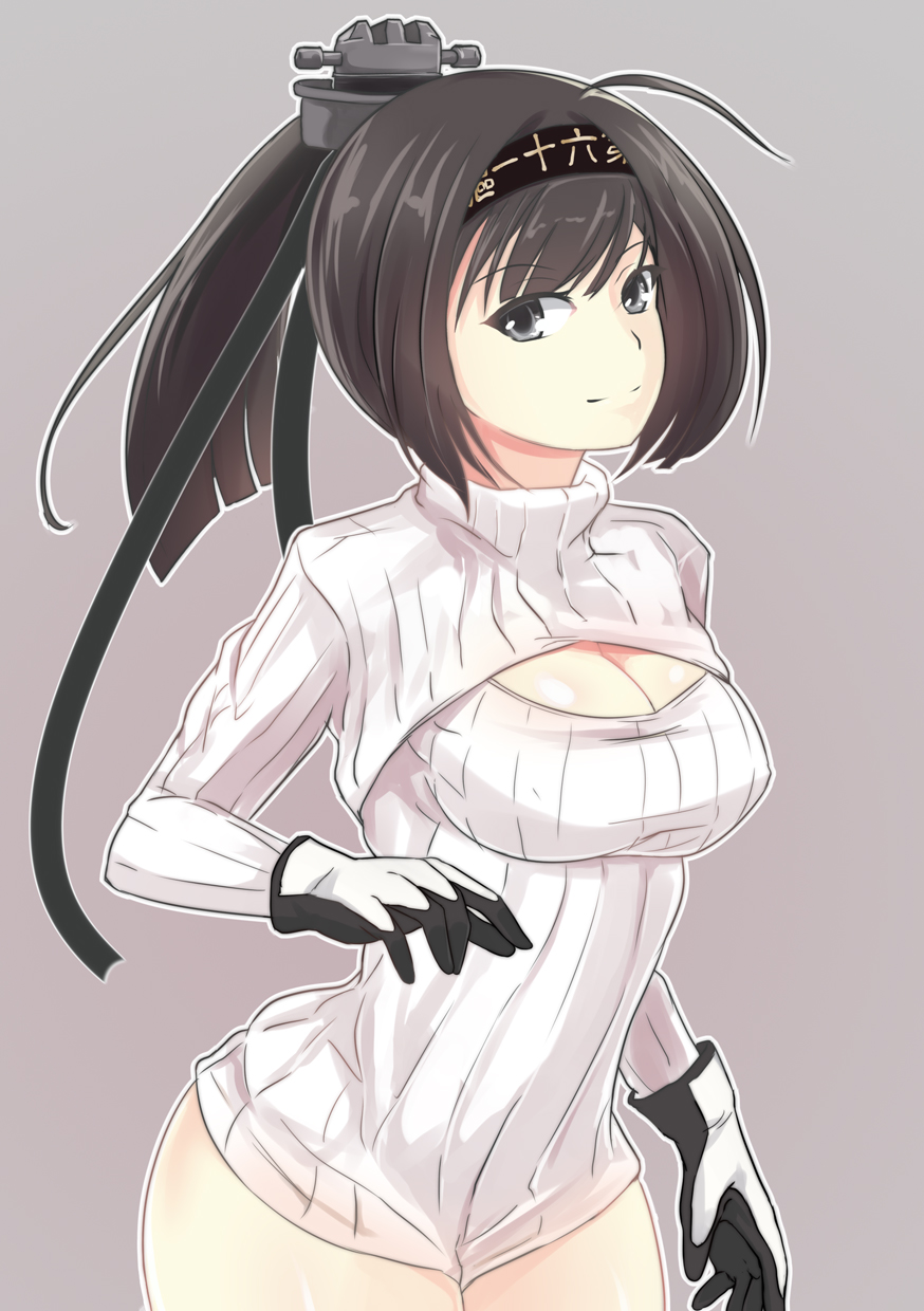 1girl, akizuki_(kantai_collection), black_hair, breasts, cleavage, gloves, grey_eyes, hachimaki