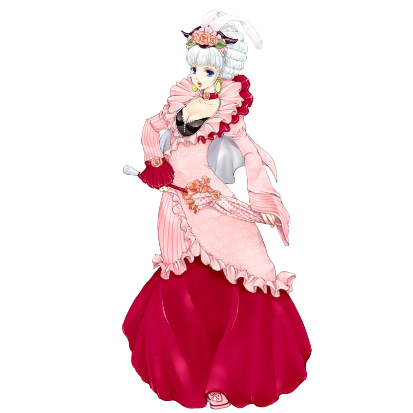 breasts, cape, choker, cleavage, dress, earrings, feathers, flower