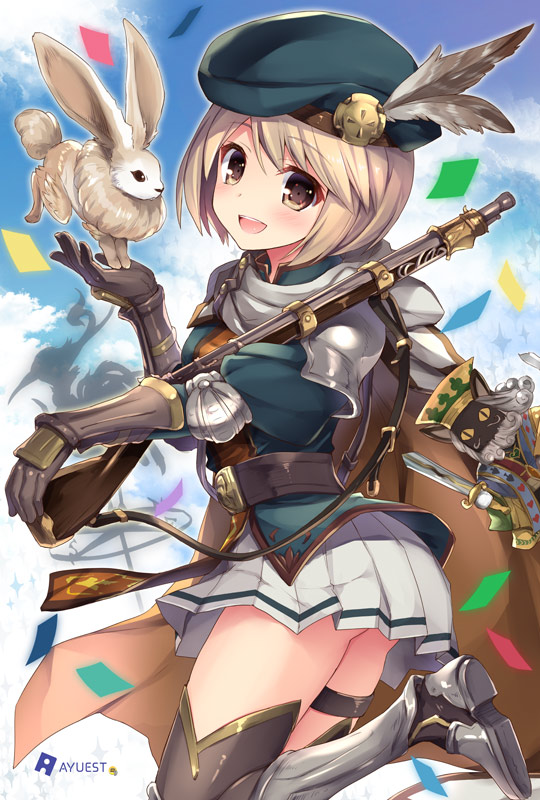 1girl, :d, armored_boots, ass, bankoku_ayuya, beret, black_legwear, blonde_hair