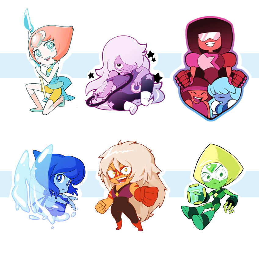 amethyst_(steven_universe), barlee, charm, chibi, commentary, garnet_(steven_universe), jasper_(steven_universe), lapis_lazuli_(steven_universe)