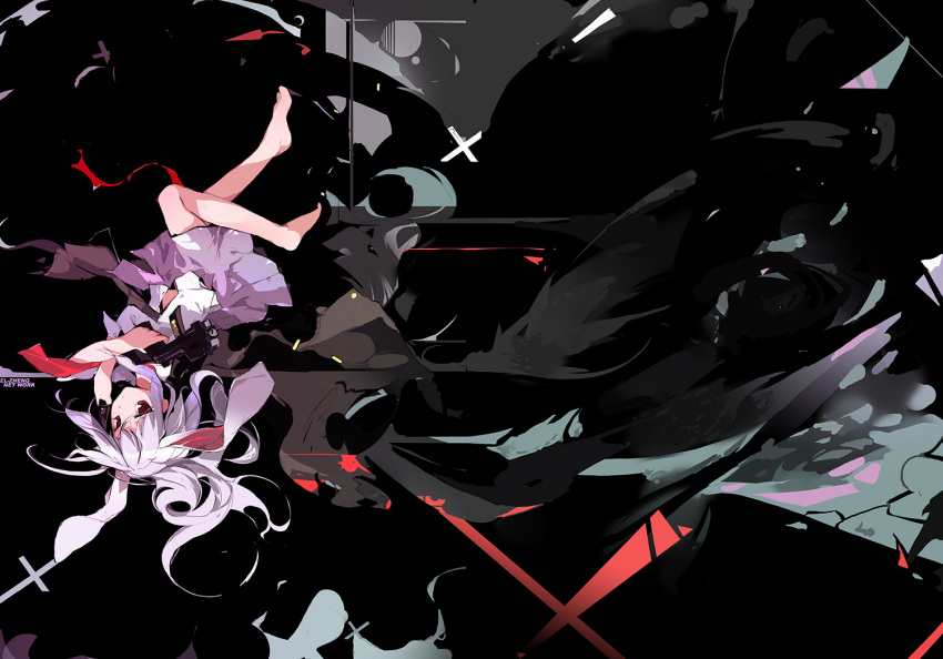 akimbo, barefoot, blazer, bullet, bunny_ears, cross, dual_wielding, el-zheng, feet, gun, gunfire, lavender_hair, long_hair, necktie, rabbit_ears, red_eyes, reisen_udongein_inaba, skirt, solo, submachine_gun, touhou, upside-down, wallpaper, weapon, white_hair