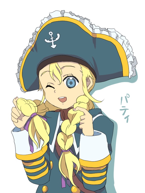 blonde_hair, blue_eyes, braid, character_name, child, hat, housengo, patty_fleur