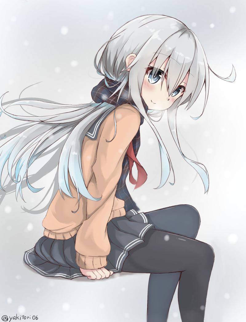 1girl, cardigan, hibiki_(kantai_collection), kantai_collection, long_hair, pantyhose, scarf, school_uniform