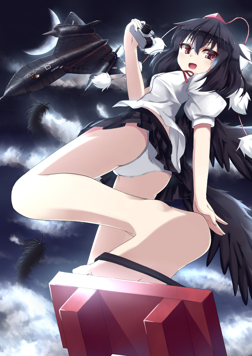 1girl, absurdres, ass, black_hair, black_wings, blush, camera, crescent_moon