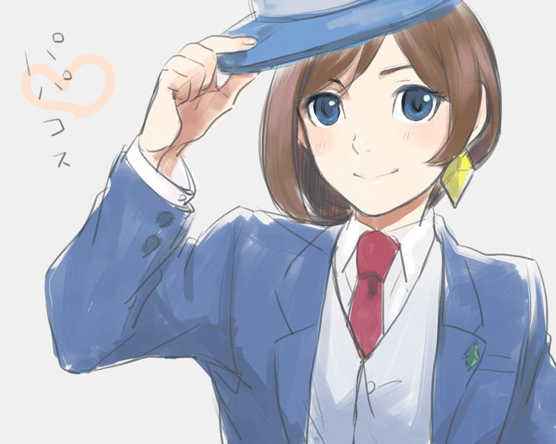 1girl, blue_eyes, brown_hair, formal, gyakuten_saiban, hat, jewelry, mksb_(3548)