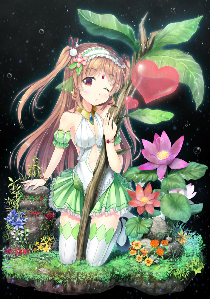 1girl, bracelet, breasts, brown_hair, bubble, cleavage, detached_sleeves, flower