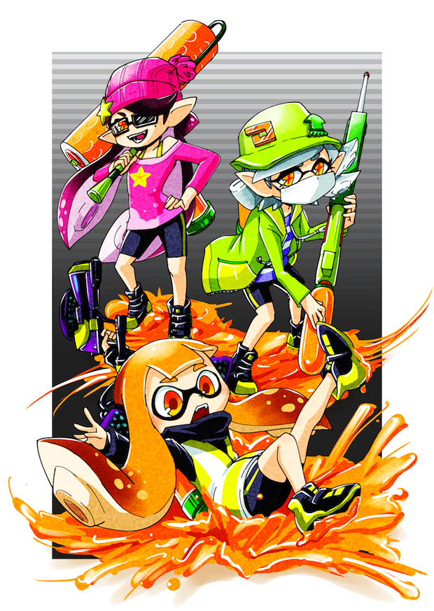 +_+, 3girls, agent_3, aori_(splatoon), baseball_cap, beanie, bike_shorts, brown_eyes