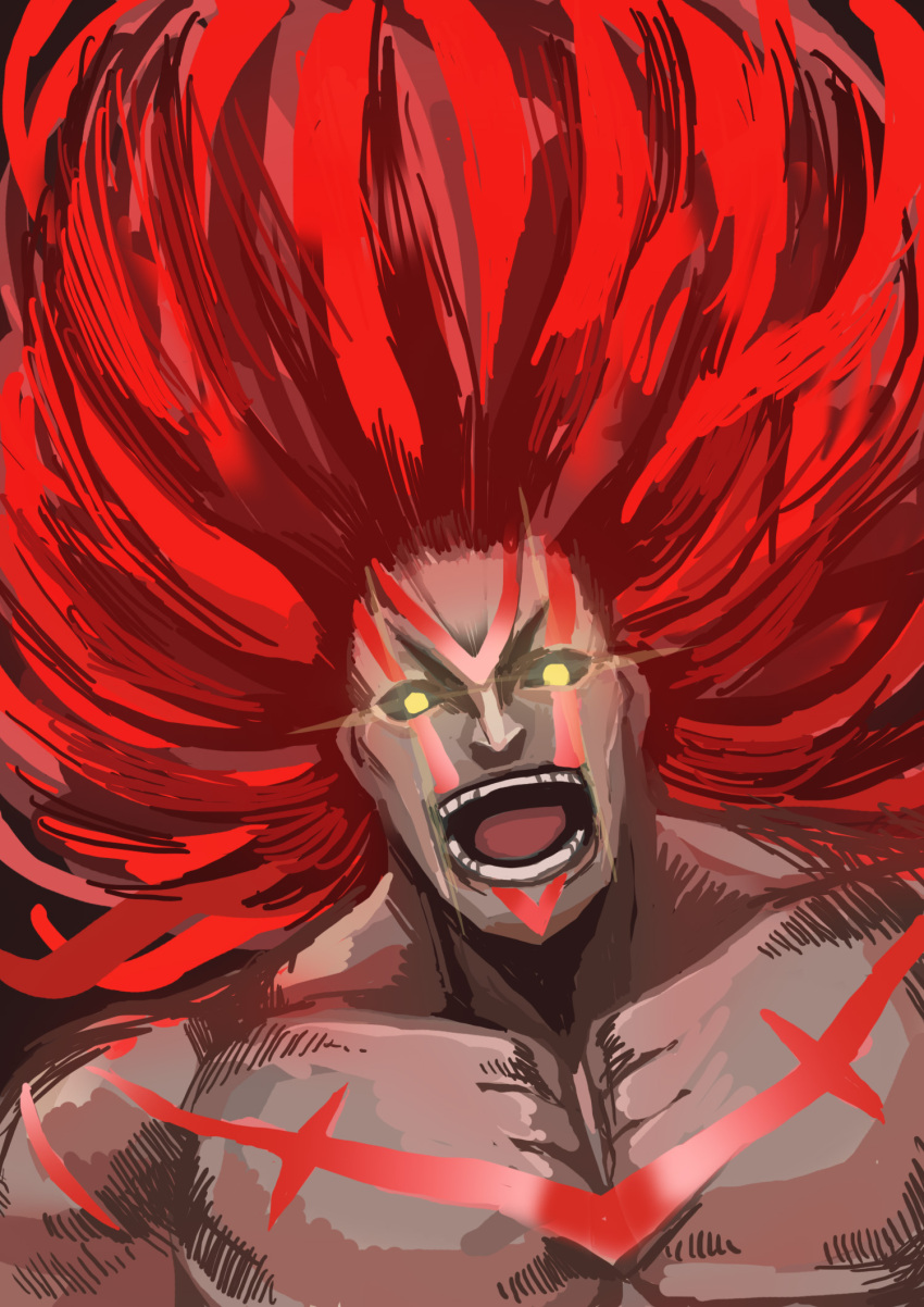 big_hair, black_sclera, dark_skin, face, facepaint, highres, laughing, long_hair