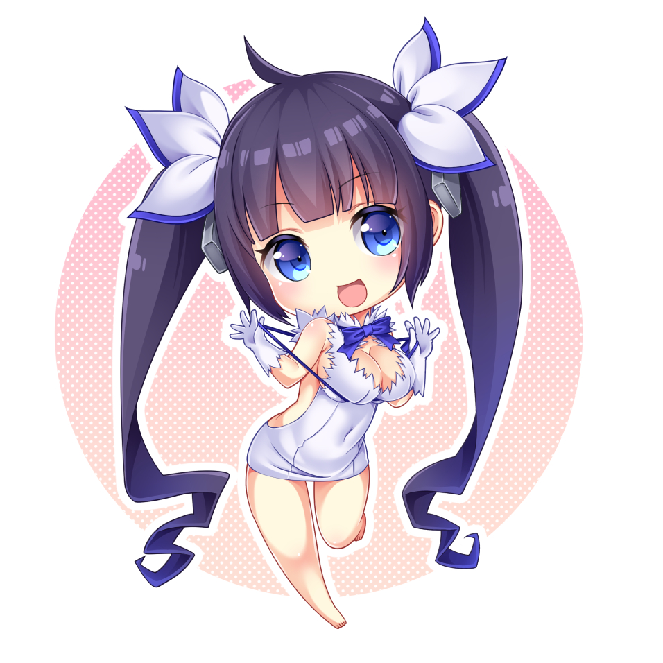 1girl, black_hair, blue_eyes, breasts, chibi, cleavage, cleavage_cutout, dress