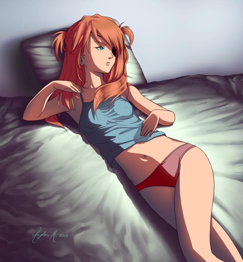1girl, 2015, artist_name, blue_eyes, covered_nipples, dated, eyepatch, hayden_mackenzie, haydenm, highres, navel, neon_genesis_evangelion, panties, pillow, rebuild_of_evangelion, red_panties, redhead, shikinami_asuka_langley, signature, small_breasts, solo, souryuu_asuka_langley, tank_top, underwear