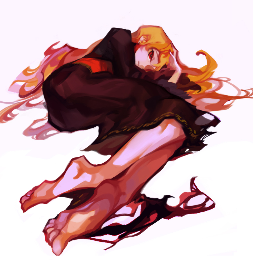 1girl, barefoot, black_dress, chinese_clothes, dress, hand_on_own_head, junko_(touhou), l5_(nanbabodaaa)