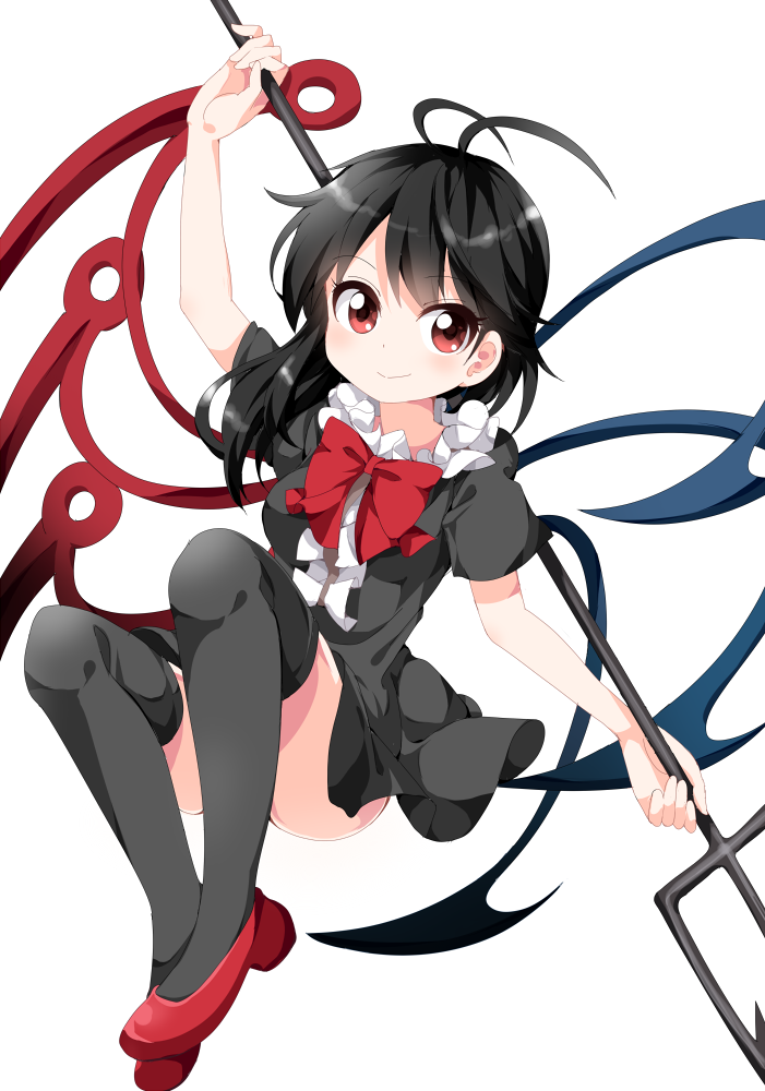 1girl, asymmetrical_wings, black_dress, black_hair, black_legwear, bow, convenient_censoring, convenient_leg