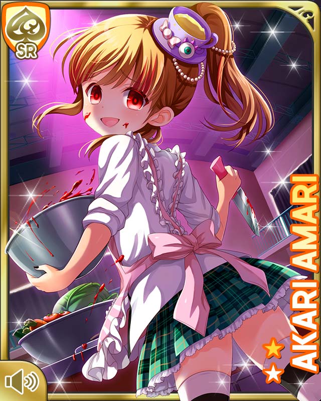 1girl, amari_akari, apron, brown_hair, card, character_name, fake_blood, girlfriend_(kari)