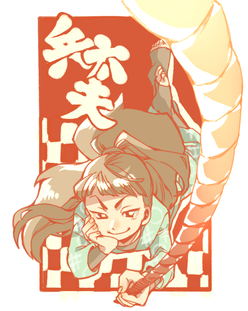 1boy, hand_on_own_face, laila_(denbu3), lying, male_focus, on_stomach, rakudai_ninja_rantarou, rope