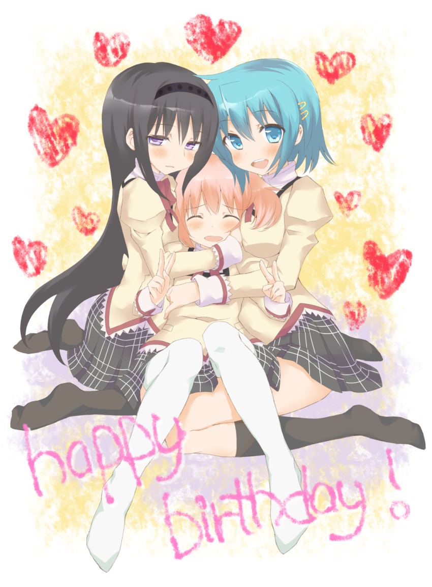 3girls, :d, akemi_homura, black_hair, blue_eyes, blue_hair, double_v, girl_sandwich