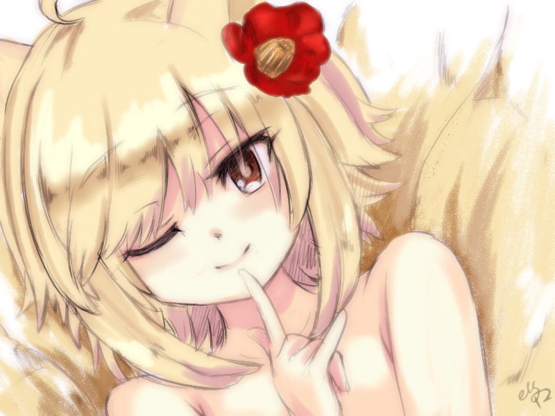 1girl, ahoge, animal_ears, blonde_hair, brown_eyes, dutch_angle, finger_to_mouth, flower