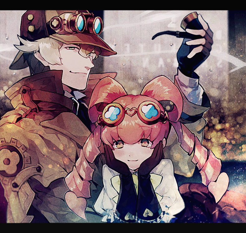 1boy, 1girl, bangs, black_gloves, brown_eyes, brown_hair, brown_jacket, buckle