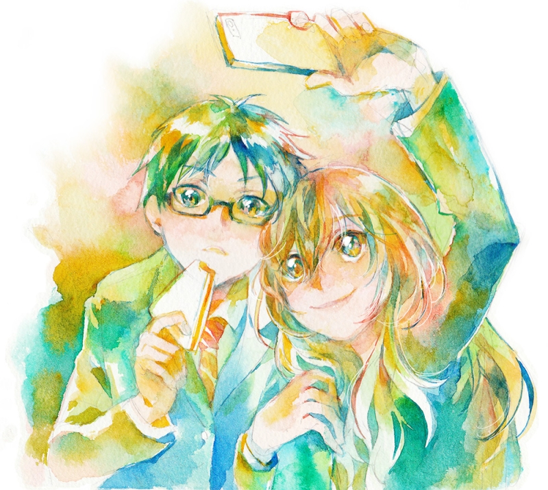 1boy, 1girl, arima_kousei, blazer, cellphone, glasses, miyazono_kawori, phone, sandwich, shigatsu_wa_kimi_no_uso, smile, taking_picture, traditional_media, watercolor_(medium), yamashiro_(heisi-chan)
