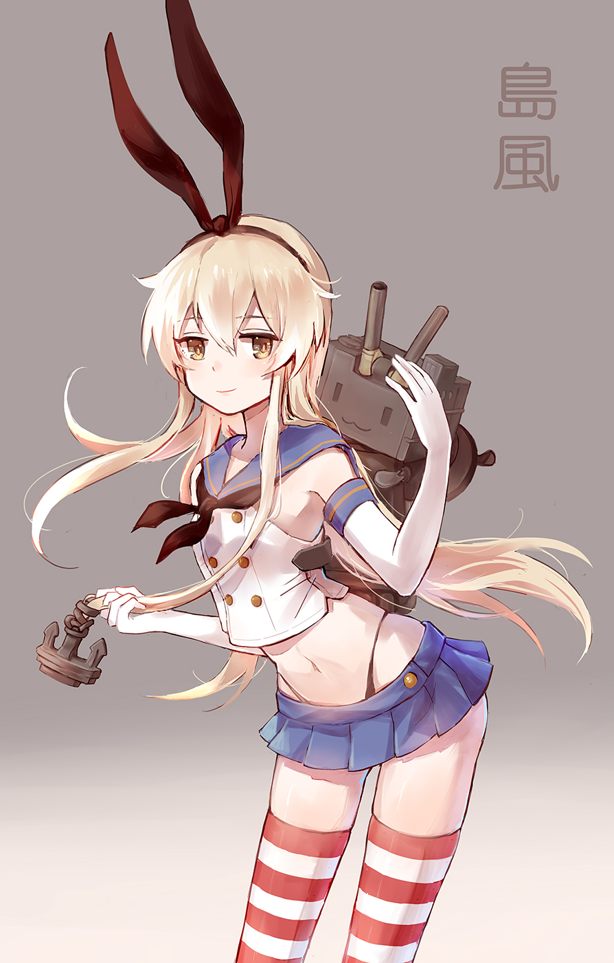 1girl, anchor_hair_ornament, black_panties, blonde_hair, cannon, character_name, crop_top, elbow_gloves