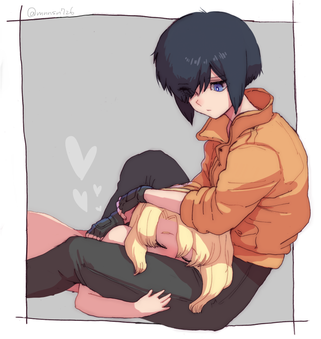 2girls, black_hair, blonde_hair, blue_eyes, blush, eyes_visible_through_hair, fingerless_gloves, ghost_in_the_shell, gloves, hair_over_one_eye, heart, jacket, katsuoboshi, kusanagi_motoko, looking_at_another, multiple_girls, nude, orange_jacket, project_2501, short_hair, sleeping, yuri
