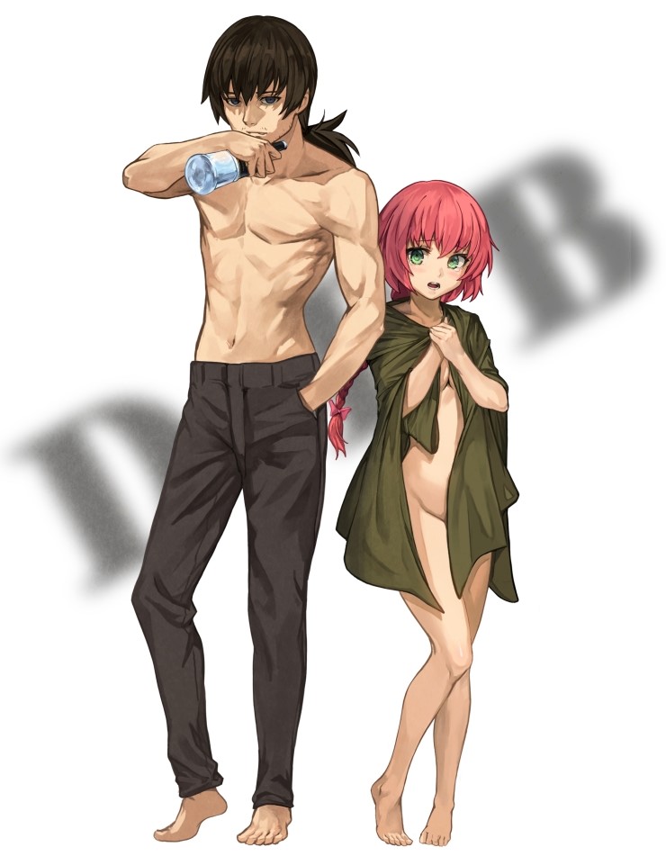 1boy, 1girl, alcohol, barefoot, black_eyes, blush, bottle, braid