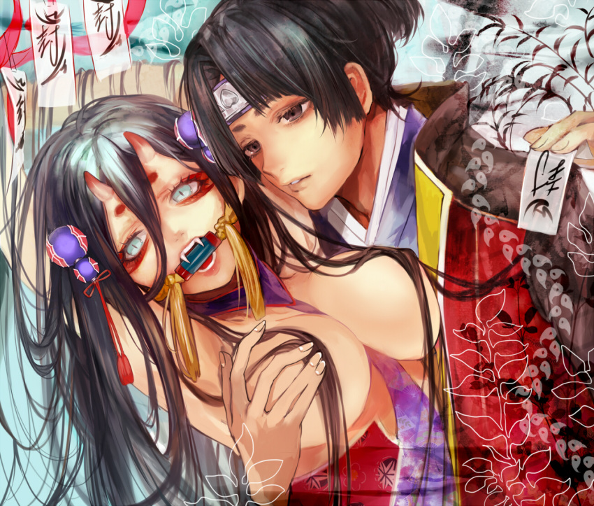 1boy, 1girl, aqua_eyes, black_hair, breasts, commentary, fang, forehead_protector