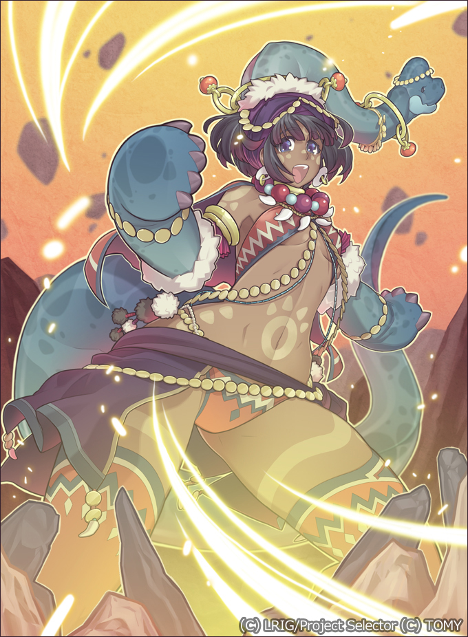 1girl, black_hair, blue_eyes, dark_skin, dinosaur, jewelry, short_hair, solo, waso, wixoss