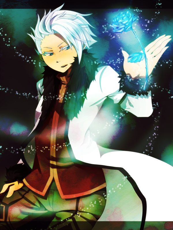 1boy, 8.co, blue_eyes, fairy_tail, flower, ice, lyon_bastia, open_mouth