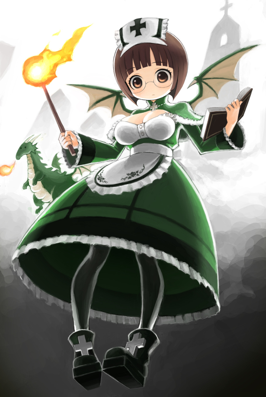 1girl, apron, black_legwear, black_shoes, book, breasts, brown_eyes, brown_hair