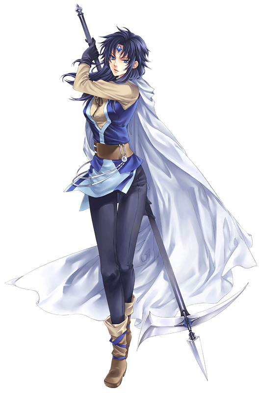 1girl, blue_eyes, blue_hair, boots, cape, circlet, female, full_body