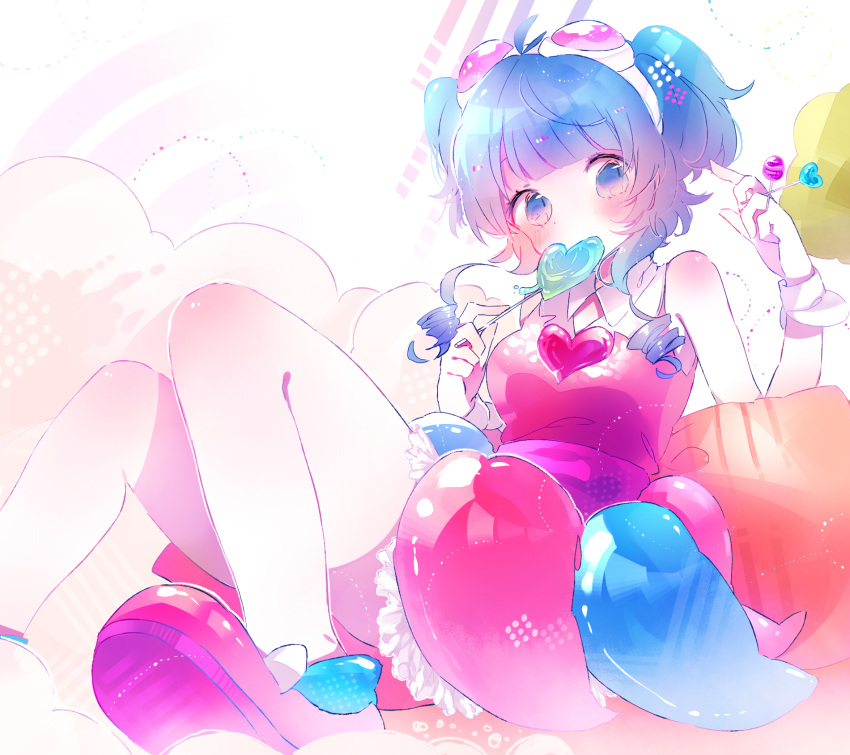 1girl, ahoge, alternate_costume, alternate_hair_color, alternate_hairstyle, bangs, blue_eyes, blue_hair, blunt_bangs, blush, candy, candy_candy_(song), curly_hair, dress, goggles, goggles_on_head, gumi, heart, highres, lollipop, niwa_(ejizon), pink_shoes, shoes, short_hair, sitting, sleeveless, solo, sweets, twintails, vocaloid, wrist_cuffs