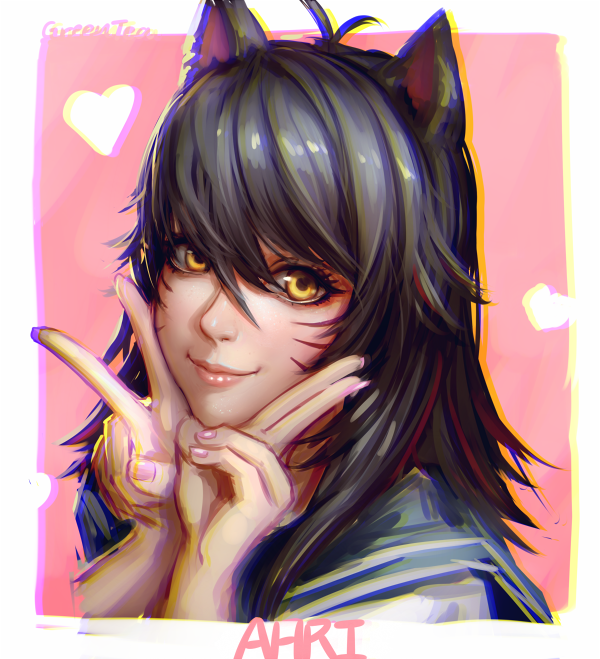 1girl, ahri, animal_ears, antenna_hair, artist_name, black_hair, double_v, facepaint