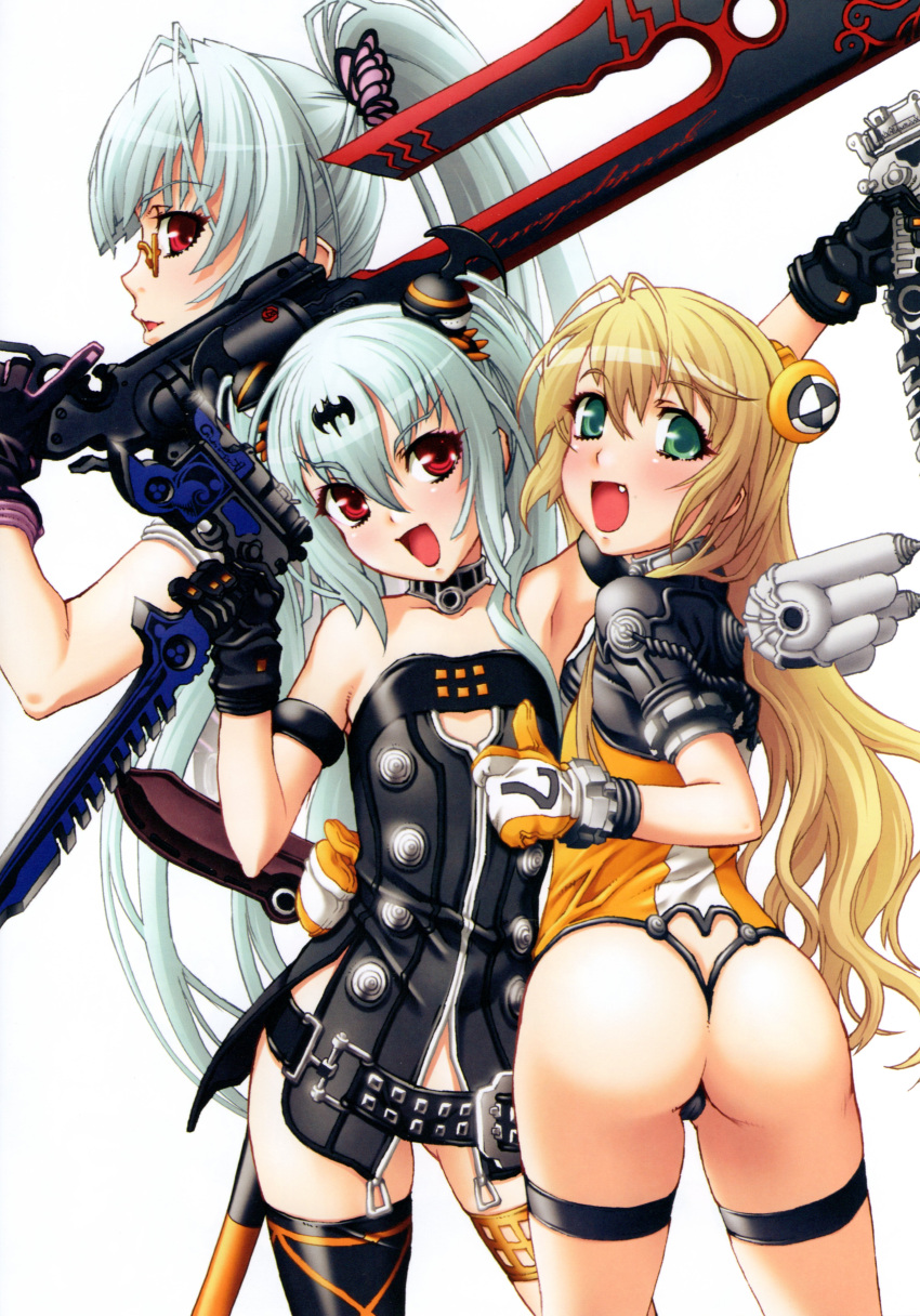 3girls, absurdres, alice_(queen's_gate), armband, ass, belt, beltskirt, black_gloves, black_legwear, blonde_hair, dorothy_(queen's_gate), fang, glasses, gloves, green_eyes, gun, handgun, highres, lewis_(queen's_gate), long_hair, mauser_c96, multiple_girls, nishii_(nitroplus), official_art, ponytail, queen's_gate, red_eyes, studded_belt, thigh-highs, weapon, white_hair