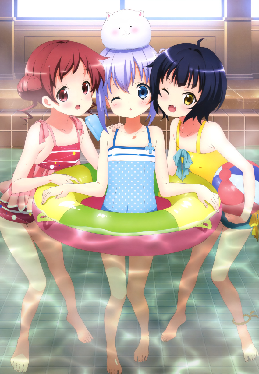 3girls, ;d, ;o, absurdres, alternate_hairstyle, animal_on_head, barefoot, black_hair