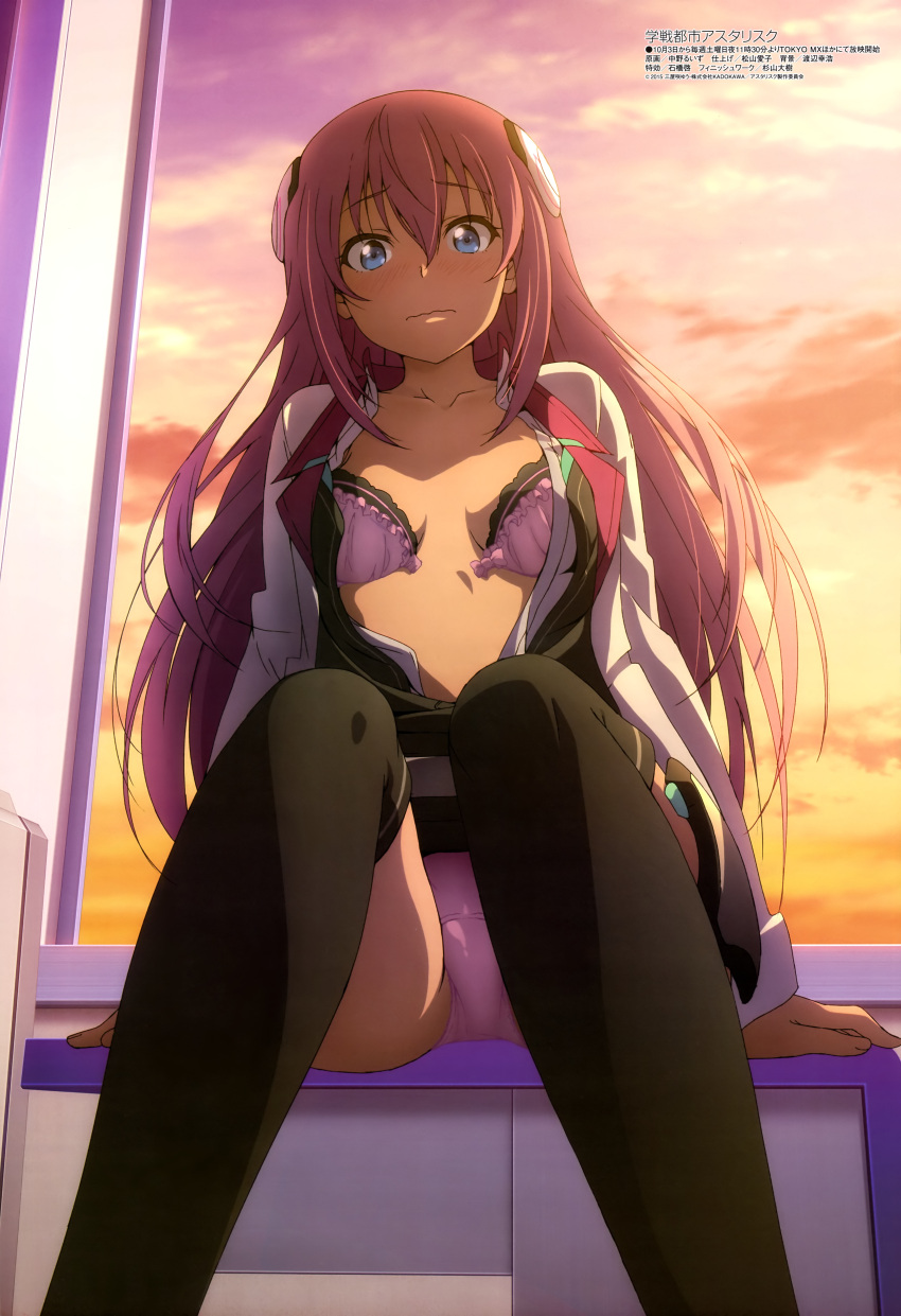 1girl, absurdres, arm_support, armor, bangs, belt, black_legwear, blazer