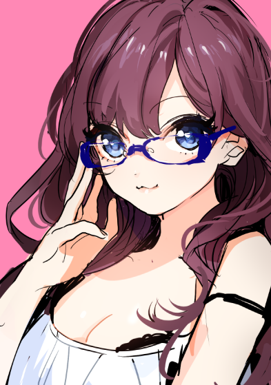 1girl, :3, blue-framed_glasses, blue_eyes, blush, breasts, brown_hair, cleavage