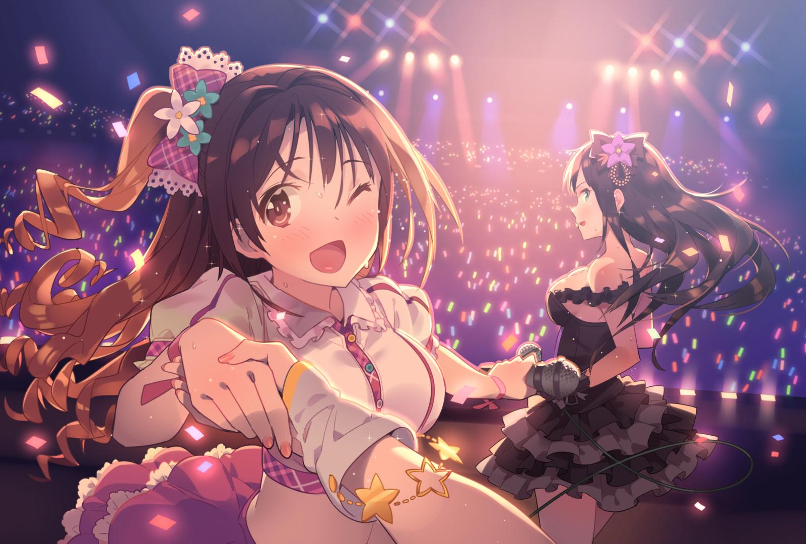 2girls, black_gothic_dress_(idolmaster), black_hair, blue_eyes, brown_eyes, brown_hair, ddal, female_pov, fingernails, highres, holding_hands, honda_mio, idolmaster, idolmaster_cinderella_girls, multiple_girls, pink_check_school, shibuya_rin, shimamura_uzuki, side_ponytail, skirt, sunset_nostalgie