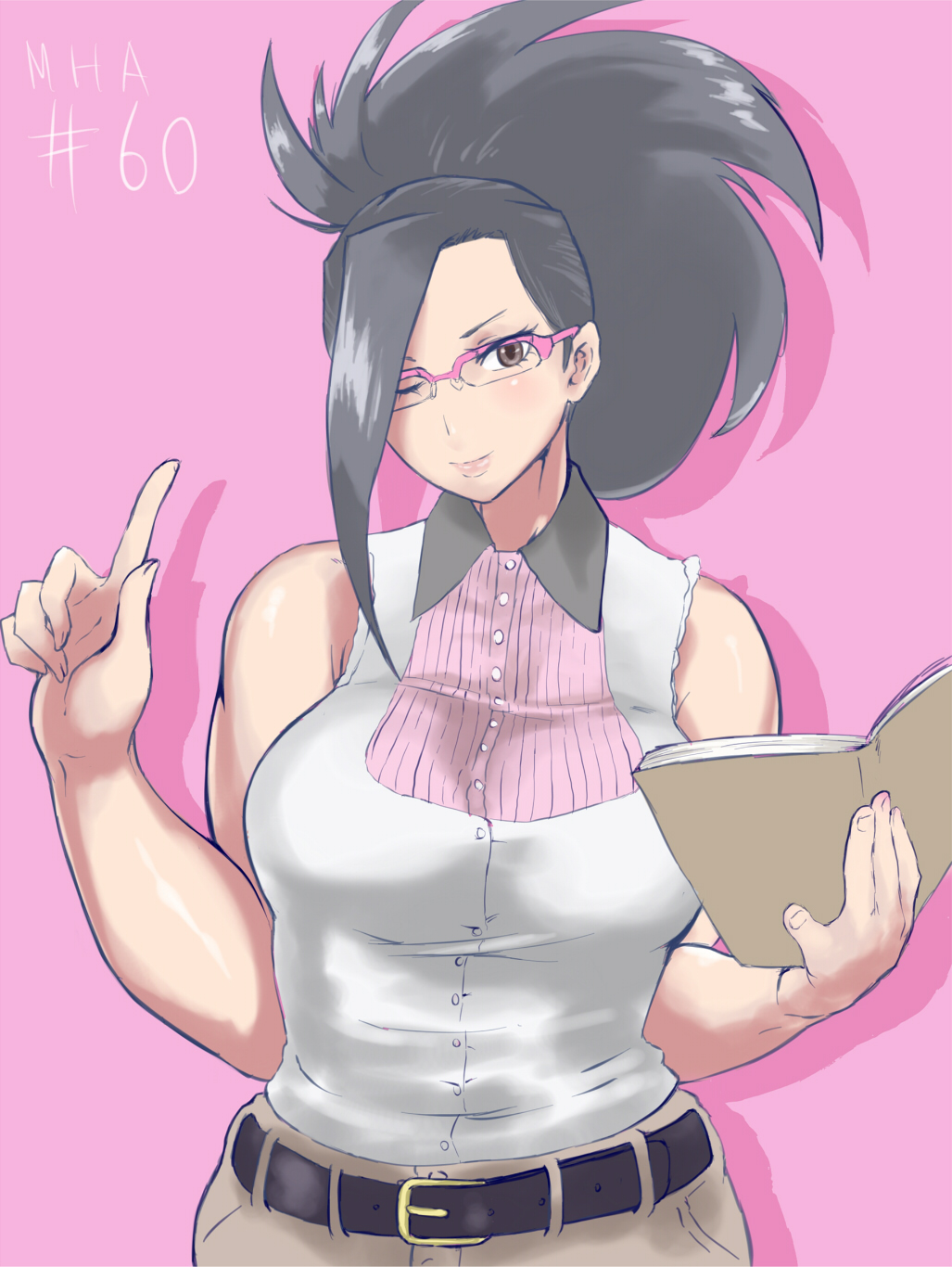 1girl, bare_shoulders, belt, big_hair, black_hair, boku_no_hero_academia, book, breasts