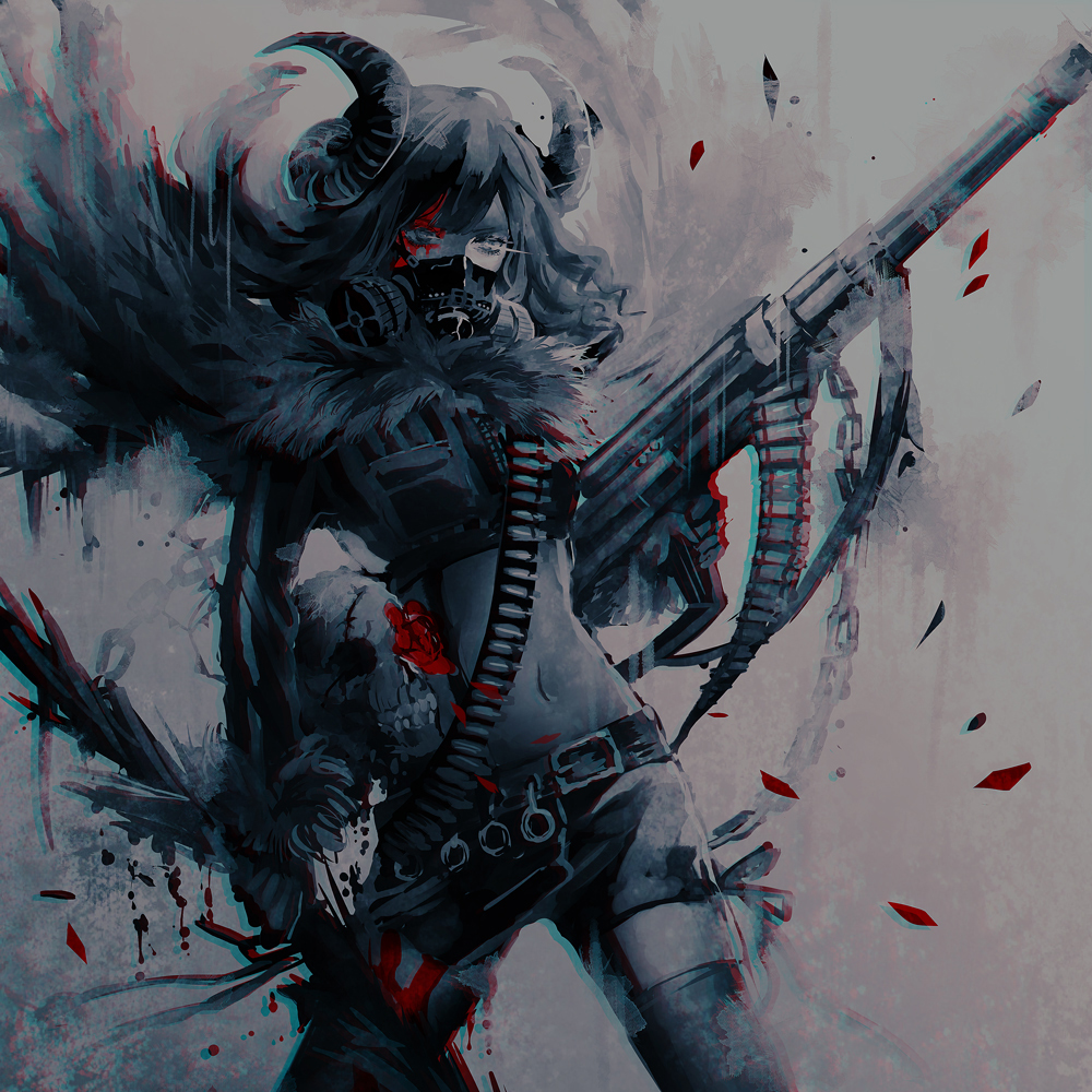 1girl, belt, bullet, chain, error501, flower, gas_mask, gun
