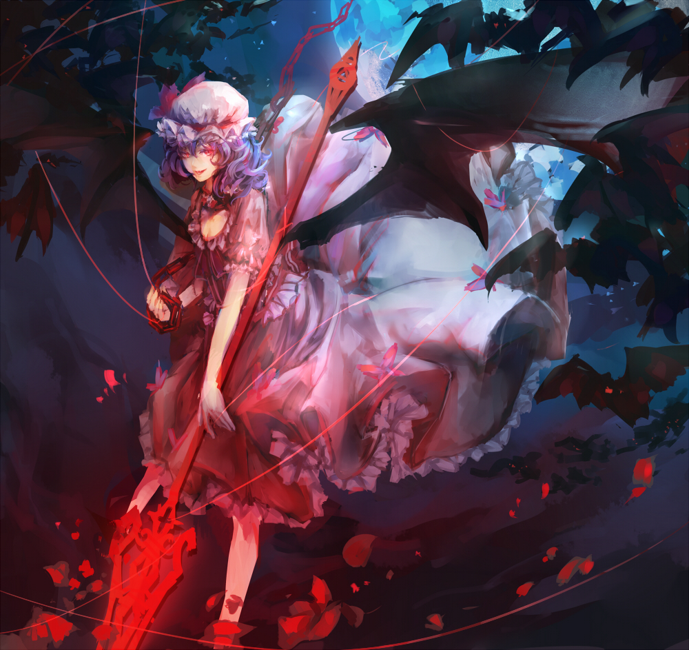 1girl, :d, bat, blue_hair, chain, chong_(wjzcy6688), dress, full_moon