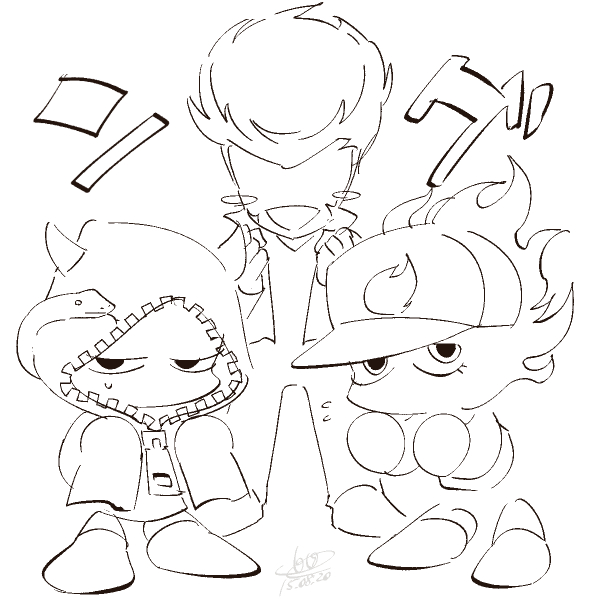 3boys, artist_name, baseball_cap, blush_stickers, chahora_(siki_dos), chibi, demon_mangu, faceless