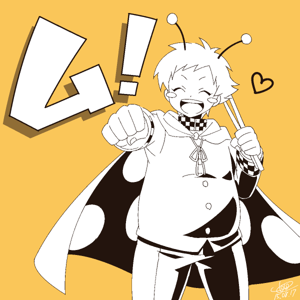 1boy, antennae, artist_name, blush_stickers, cape, chahora_(siki_dos), cowboy_shot, dated