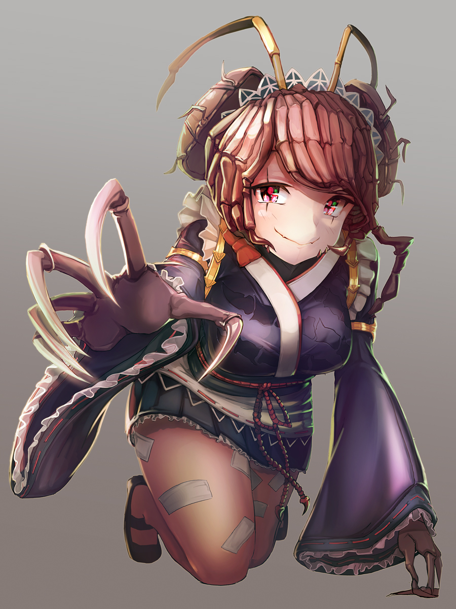 1girl, all_fours, antennae, blurry, btraphen, claws, depth_of_field, entoma_vasilissa_zeta