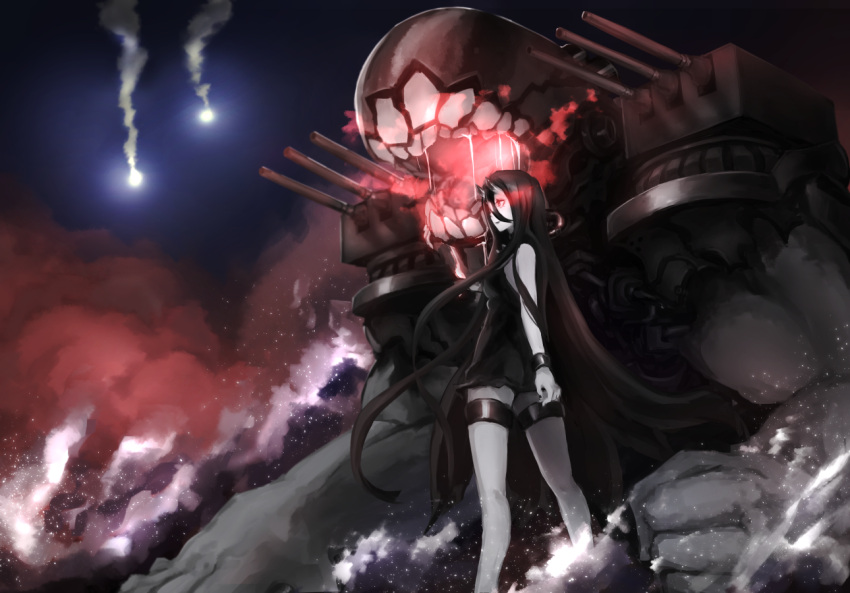 1girl, bare_shoulders, battleship_hime, black_dress, black_hair, cannon, dress, flares