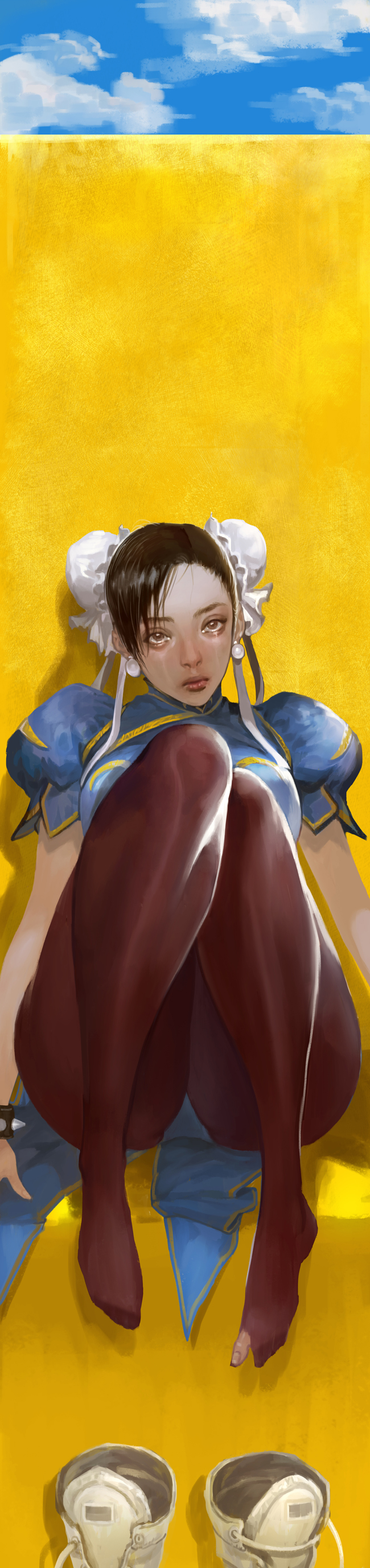 1girl, absurdres, against_wall, bags_under_eyes, black_hair, blue_dress, brown_eyes, brown_legwear